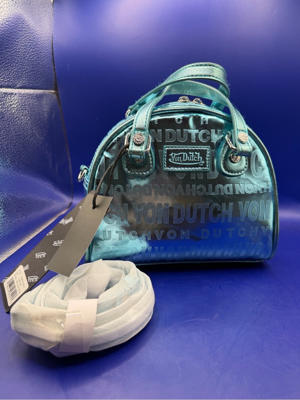 Von Dutch Metallic Blue Reflective Bowling Bag